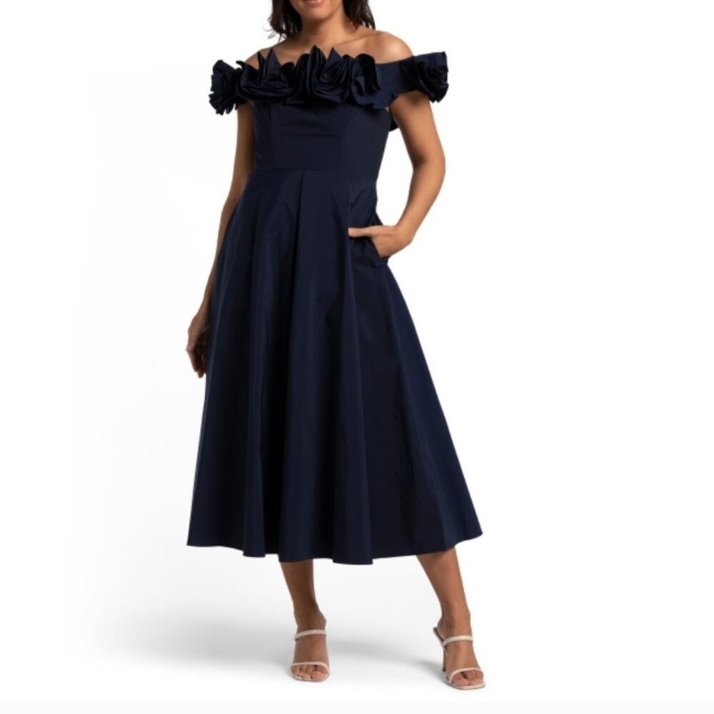 Aidan by Aidan Mattox Blue Sleeveless Off-Shoulder Midi Dress